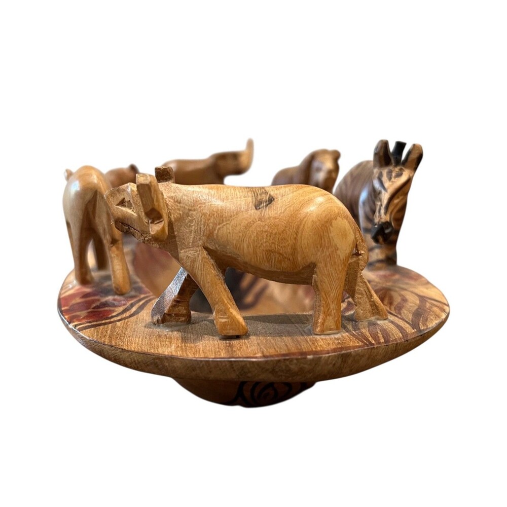 African Safari Animal Hand Carved Wood Bowl 12"w x 5 7/8"d x 4"h - Picture 8 of 16